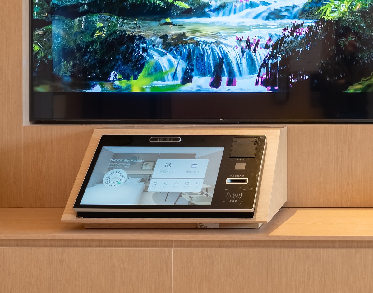 Self-service check-in kiosk in a hotel lobby